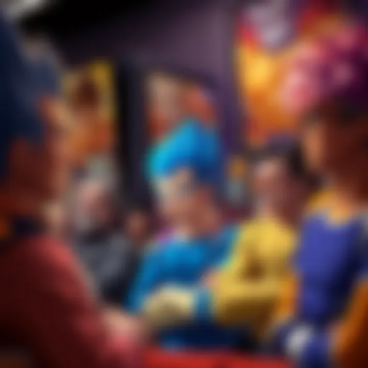 A group of fans engaging in conversation about Vegeta, with animated expressions and expressions of excitement, surrounded by posters of the character.