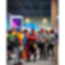 A group of fans dressed as characters at a convention, showing excitement and community spirit, surrounded by various merchandise booths.
