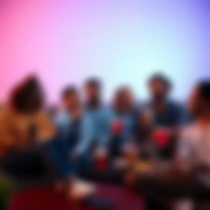 A diverse group of fans laughing and watching a TV show together on a couch, with snacks and drinks around them