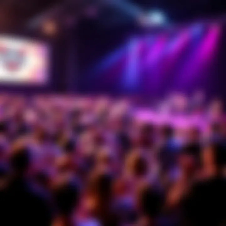 A crowd of fans at a lively panel discussion at an event, with speakers on stage engaging the audience
