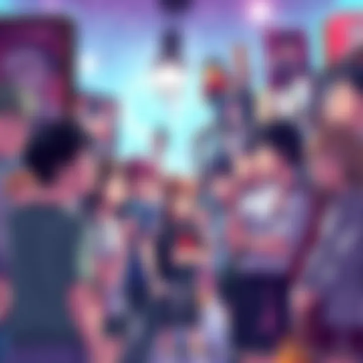 A group of anime fans eagerly discussing and celebrating the upcoming anime release, surrounded by posters and figurines, showcasing their enthusiasm