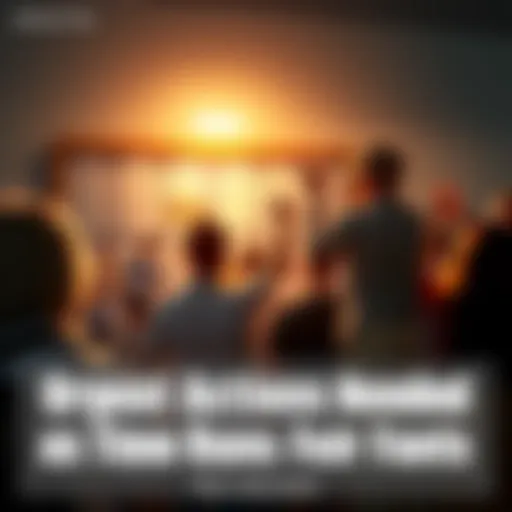 A group of excited fans gathered, looking at a bulletin board with event announcements as they discuss upcoming happenings in their community.