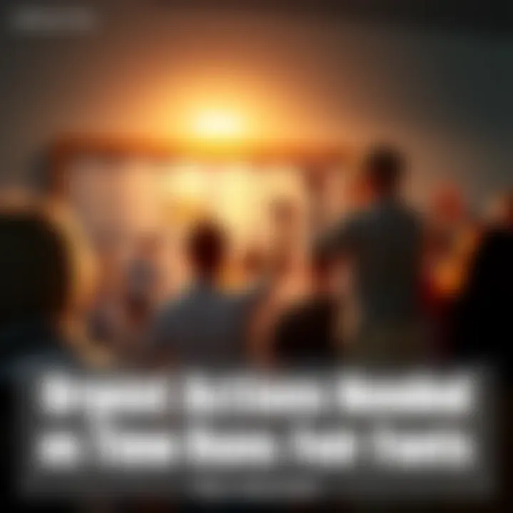 A group of excited fans gathered, looking at a bulletin board with event announcements as they discuss upcoming happenings in their community.