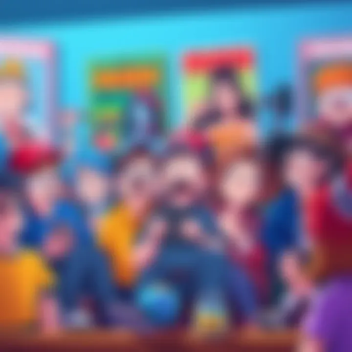 A group of animated fans passionately discussing their favorite shows, with visible expressions of frustration over SBR's rise in popularity over Frieren, surrounded by colorful posters of both series...