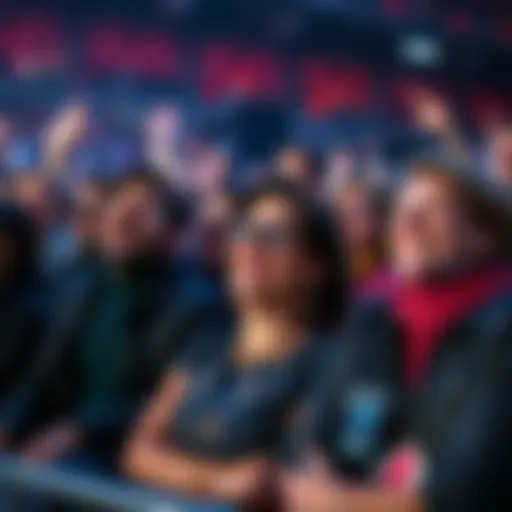 Group of fans laughing while watching actors who appear disoriented at an event