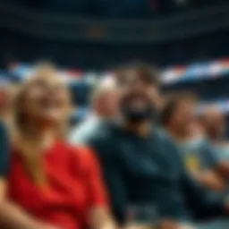A group of fans laughing and enjoying a sports game, highlighting the impact of humor in sports culture.