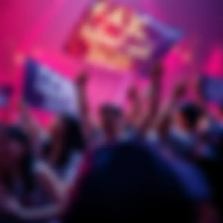 A group of fans cheering and holding banners that express hope for their favorite oshi to collaborate with a male figure.