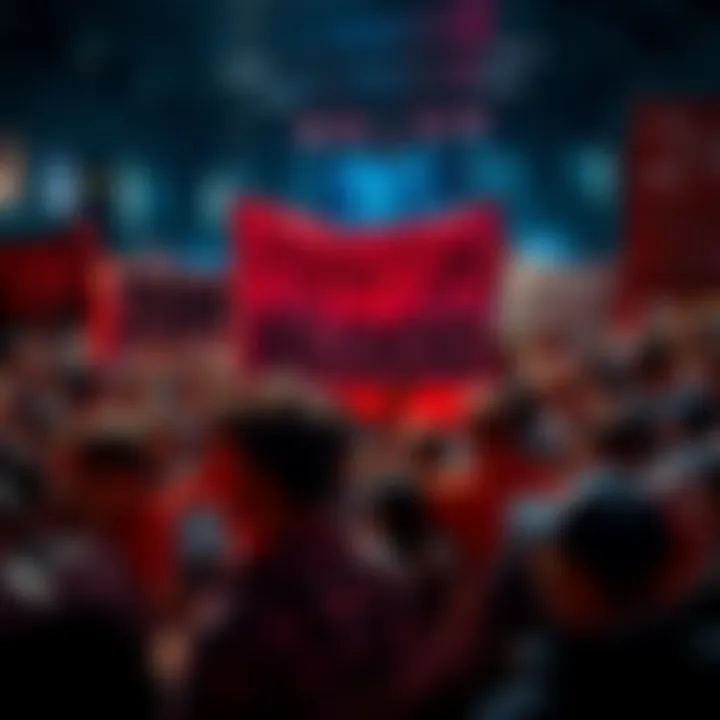 A group of fans holding banners and signs to promote the 20th anniversary of Phantom Blood in a lively gathering