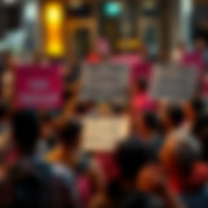 A group of fans holding signs expressing frustration over repetitive storylines in a narrative, gathered at a public area with heated discussions happening around them.