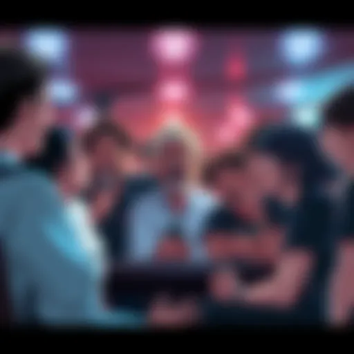 A group of fans discussing exaggerated character proportions from Oda's latest series at a forum, showing a mix of laughter and surprise on their faces.