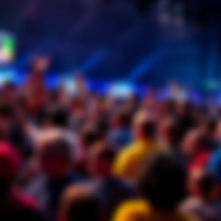 A lively group of fans cheering and discussing Round 1, Match 8 in a crowded forum atmosphere