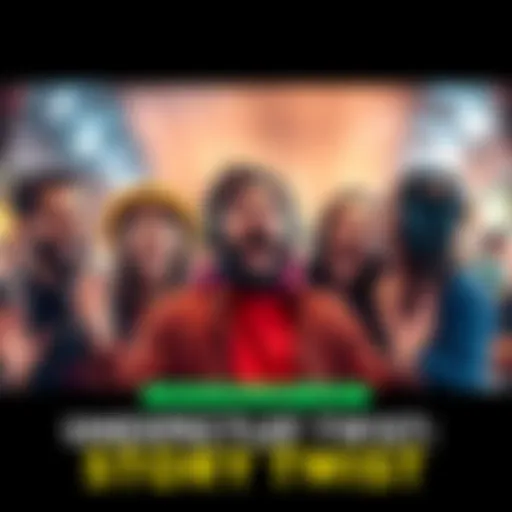 A group of fans discussing an unexpected twist in a story with excited expressions and animated gestures