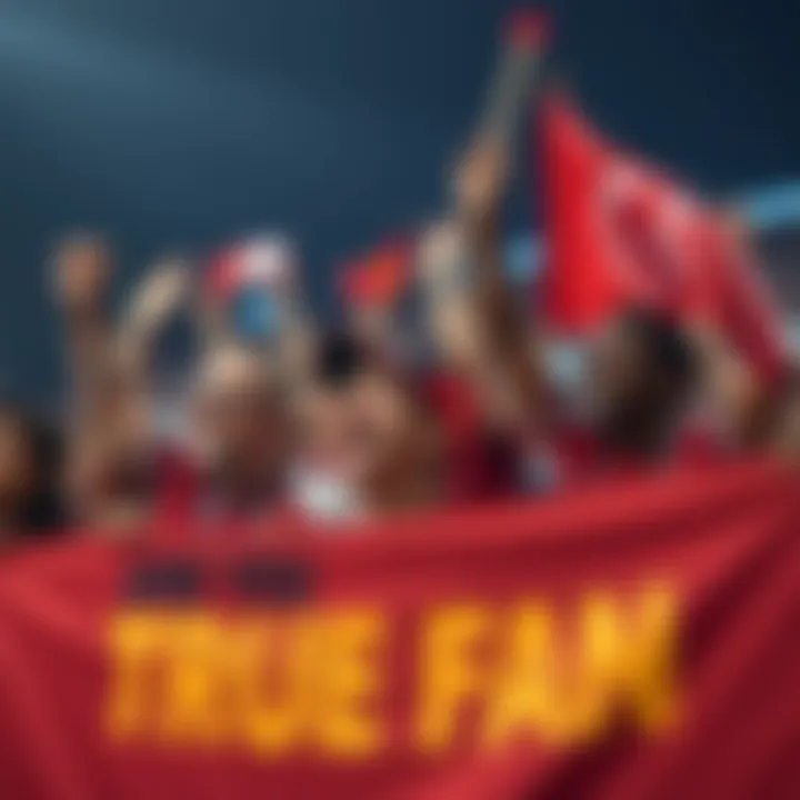 A group of enthusiastic fans wearing team jerseys and holding banners at a sports event, showing their dedication and support
