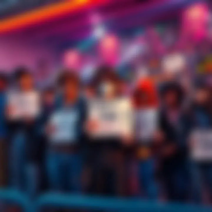 Fans waiting for Part 8 A group of dedicated fans holding signs and looking hopeful, expressing their anxiety about the long wait for Part 8's release.