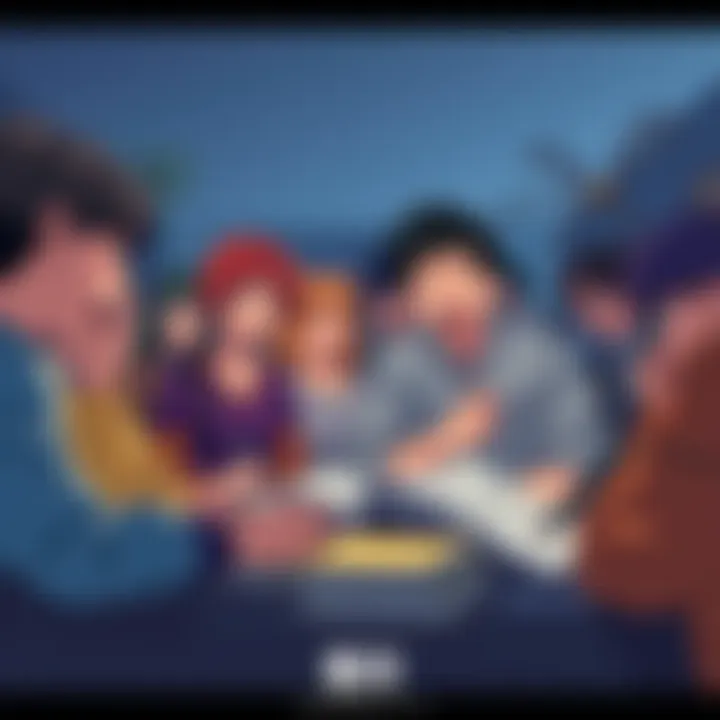 A group of fans excitedly discussing theories about Fujimoto's next plot twist, surrounded by books and sketches.