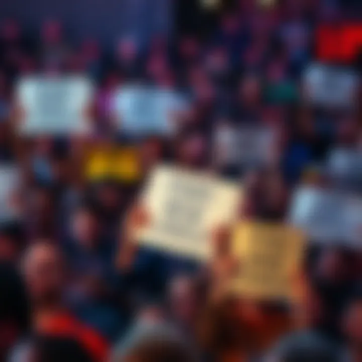 A crowd of fans holding signs expressing their desire for fresh humor, moving away from tired jokes. They look excited and hopeful for change.