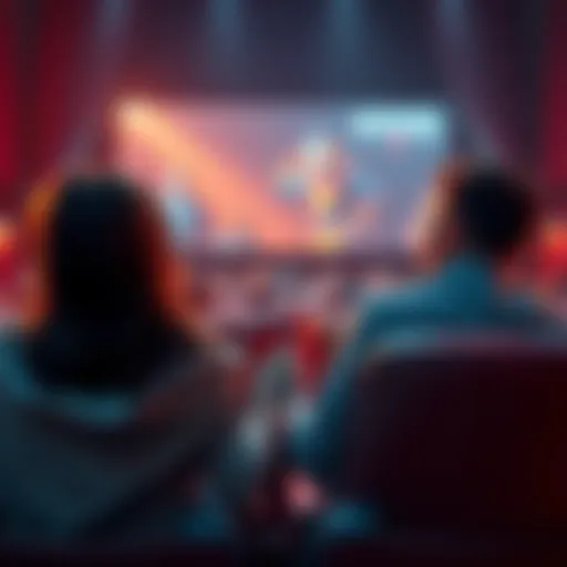 A couple sitting in a movie theater holding hands, excitedly watching a film with bright colors on the screen, representing their journey as fans since 2012.
