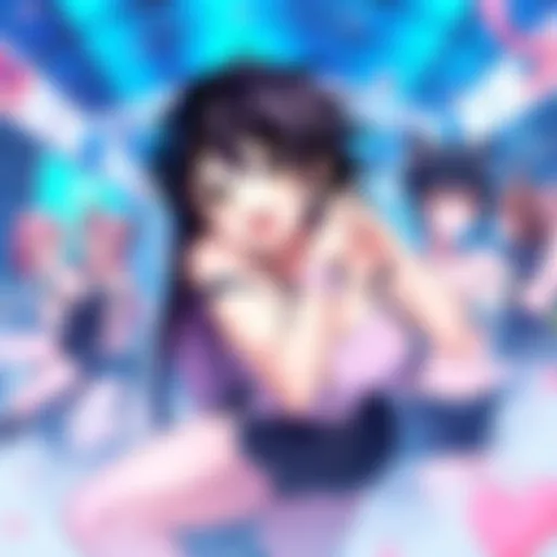 Various characters showcasing fanservice moments in a vibrant scene