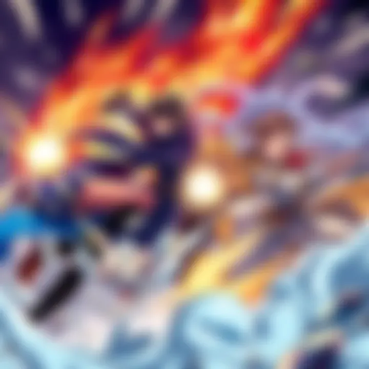 A dynamic action scene featuring diverse characters from fantasy and isekai anime engaged in an epic battle, showcasing unique powers and adventures
