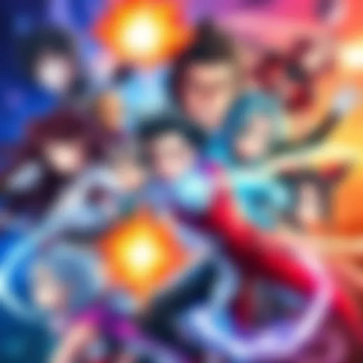 A collage of diverse anime characters showcasing magical powers and intense battles in a vibrant fantasy setting.