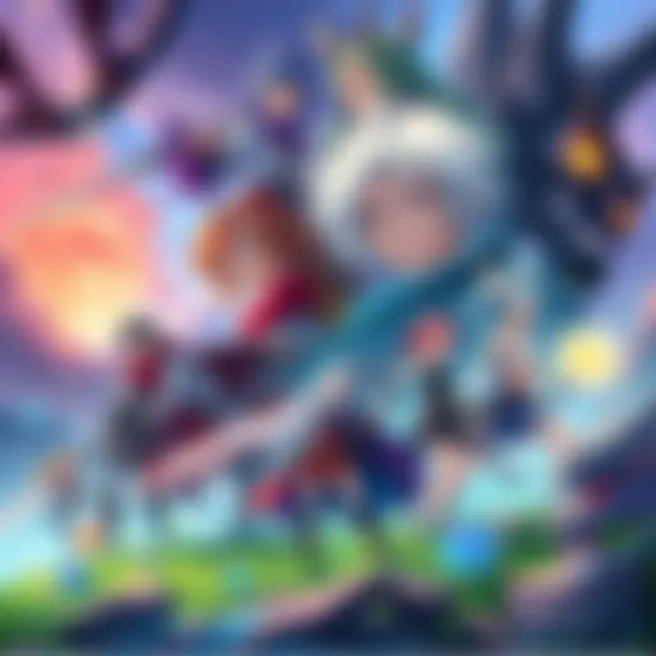 A group of diverse characters from various fantasy anime series, featuring warriors, mages, and mythical creatures, set in a vibrant enchanted landscape.