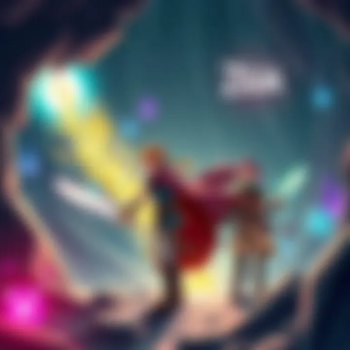 A group of characters from fantasy anime, including a sword-wielding hero, a mage, and a warrior, exploring a vibrant dungeon filled with magical elements.