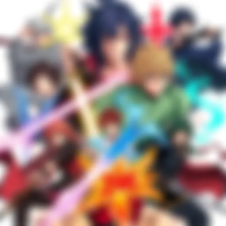 A collage of male protagonists from various fantasy anime series, showcasing swords, creatures, and magical elements in action poses.