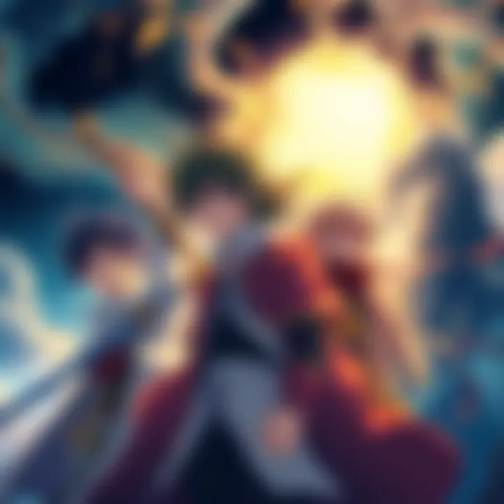 A group of complex main characters from fantasy anime, showing their growth and evolution, set against a magical background.