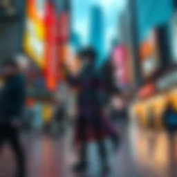A fantasy character from a magical realm standing in a busy city street, looking surprised at the everyday life around them.