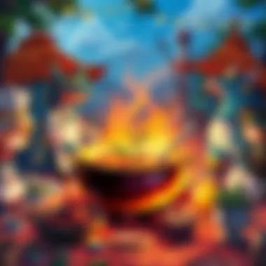 Fantasy Gourmet Cooking A colorful campfire scene with a pot of soup made from monster meat and magical herbs, surrounded by whimsical characters cooking and sharing food.