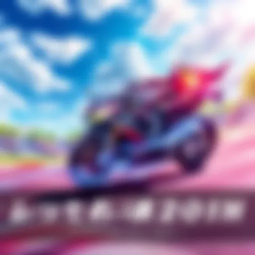 A colorful fantasy racing scene featuring a sleek racer speeding through a vibrant landscape with 2D and 3D elements