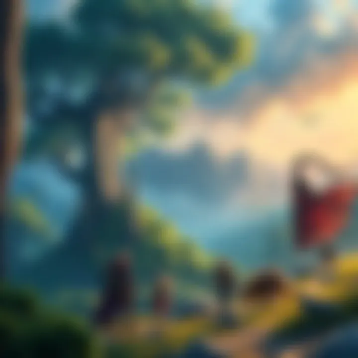 A vibrant fantasy landscape featuring a diverse group of adventurers exploring a mystical forest with magical creatures, representing the influence of Dungeons & Dragons on modern storytelling.