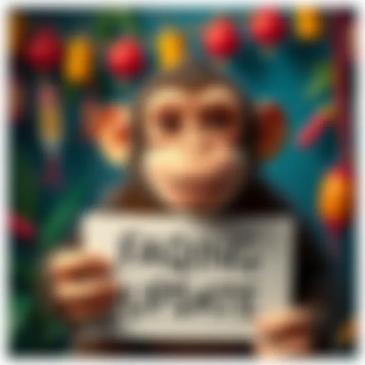 A cheerful monkey holding a sign that says 'New Update' with colorful background elements