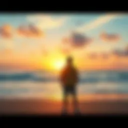 A person standing alone on a beach looking at the ocean during sunset, capturing a moment of reflection and independence.