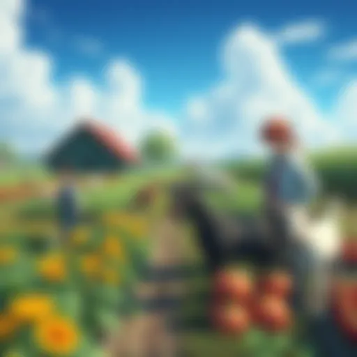 A colorful farm scene featuring Gintama characters interacting with crops and animals, blending anime elements with rural life.