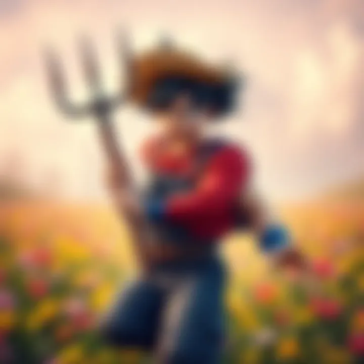 Farmer Goku wearing overalls and holding a pitchfork, ready for battle in a colorful field