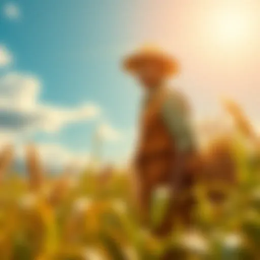 Farmer Goku standing with a harvest basket in a sunny field, looking determined.