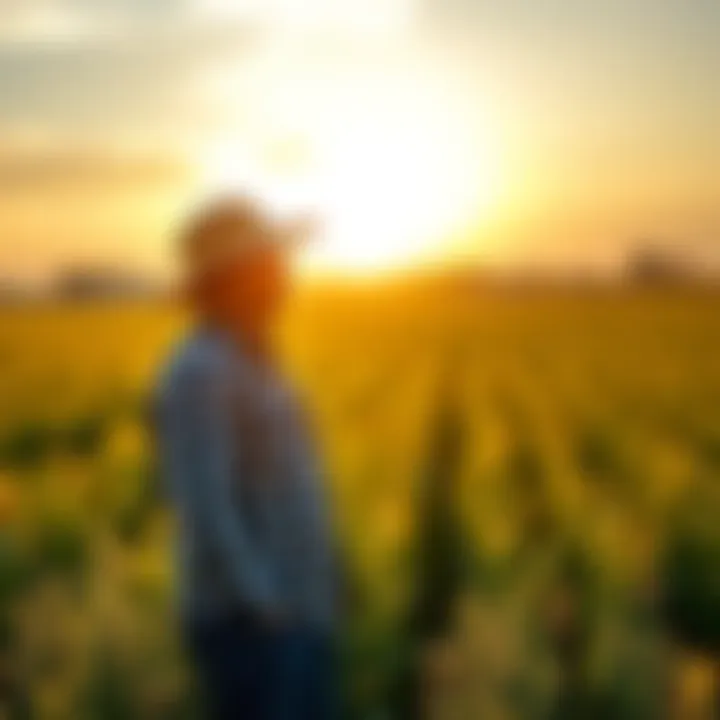 A farmer stands in a green field, looking hopeful as the sun sets behind them, symbolizing resilience and dreams.