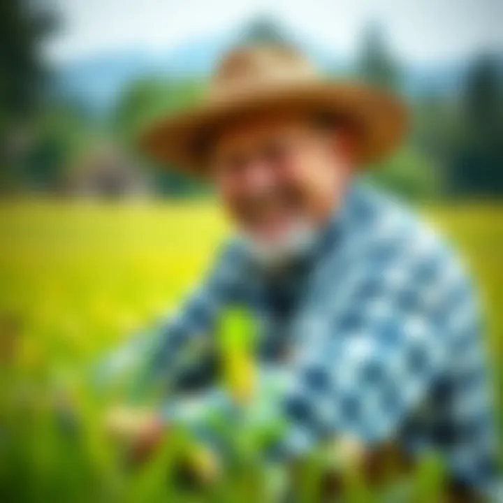 Farmer Jaune working in a green field, showcasing his thriving crops after leaving Beacon.