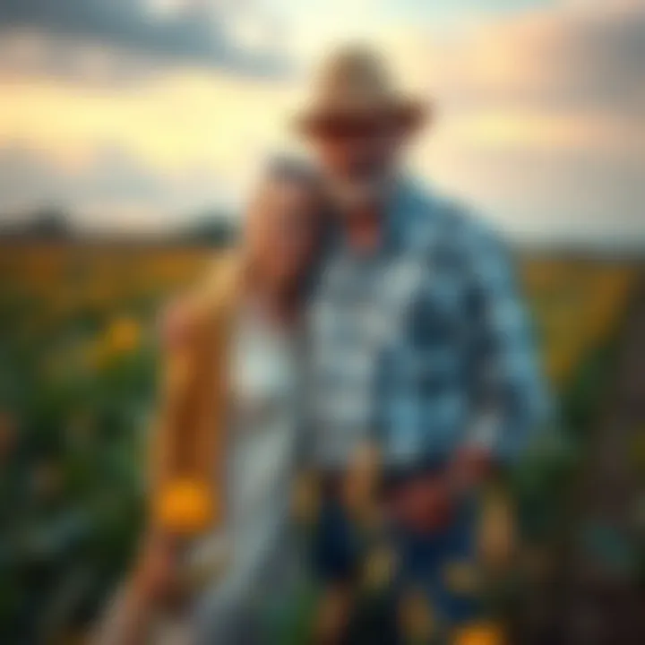 Jaune and his possessive wife stand together in a farm field, surrounded by crops, showing their strong bond and the tension in their relationship.