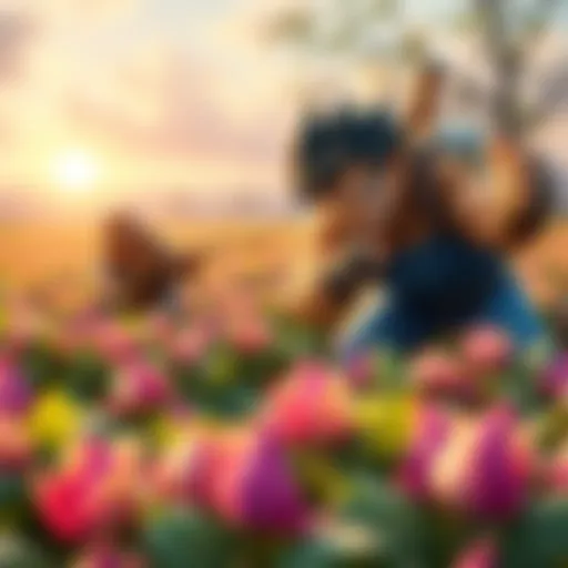 Farmers tending to saibamen crops in a vibrant field, with one farmer playfully aiming at Yamcha in the background