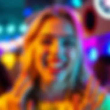 A cheerful blonde woman with a playful expression, surrounded by colorful lights, representing the allure of crazy blondes.