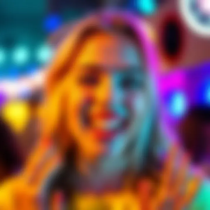 A cheerful blonde woman with a playful expression, surrounded by colorful lights, representing the allure of crazy blondes.