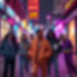 A group of artists and influencers showcasing their unique fashion styles in a vibrant street setting