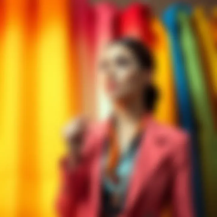 A woman in a stylish outfit looking thoughtfully at fabric swatches of different colors, questioning which color might not suit her.