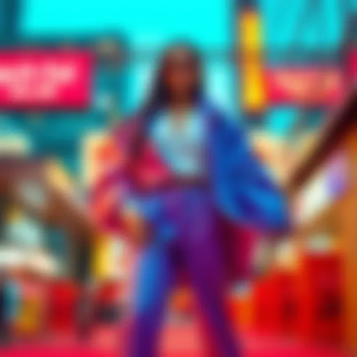 A model showcasing a bold, oversized outfit that emphasizes size and presence in fashion, standing confidently in a vibrant, urban setting.