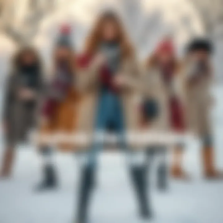 A model showcasing trendy winter outfits including stylish coats, scarves, and boots in a snowy setting