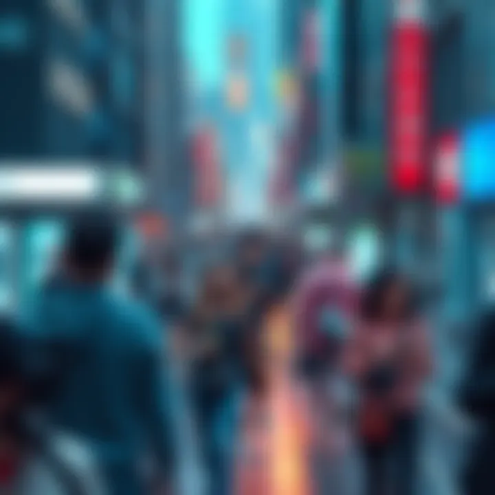 A busy street filled with people rushing while looking at their phones, symbolizing the fast-paced nature of modern life.