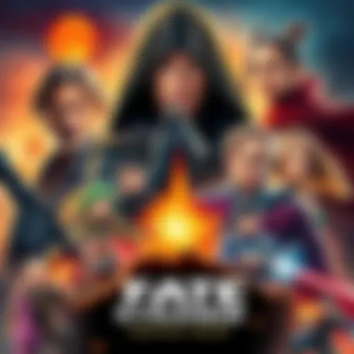 A poster featuring the main characters of Fate Strange in an action-packed scene with vibrant colors and dramatic backgrounds.