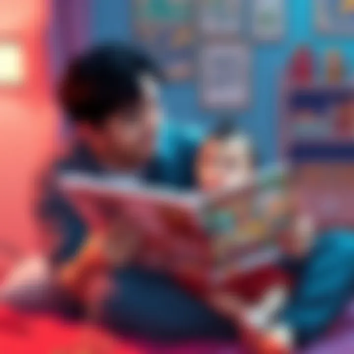 A father sits with his 7-month-old daughter, reading a One Piece manga book together, surrounded by colorful illustrations.